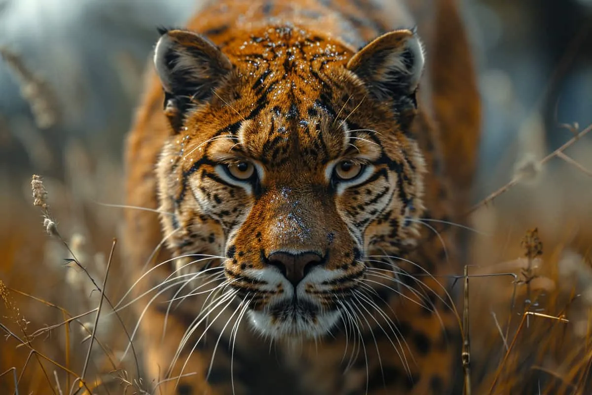 A close up of a tiger walking through tall grass.