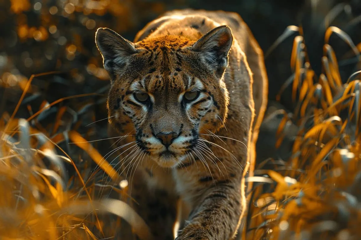 A lynx walking through tall grass.