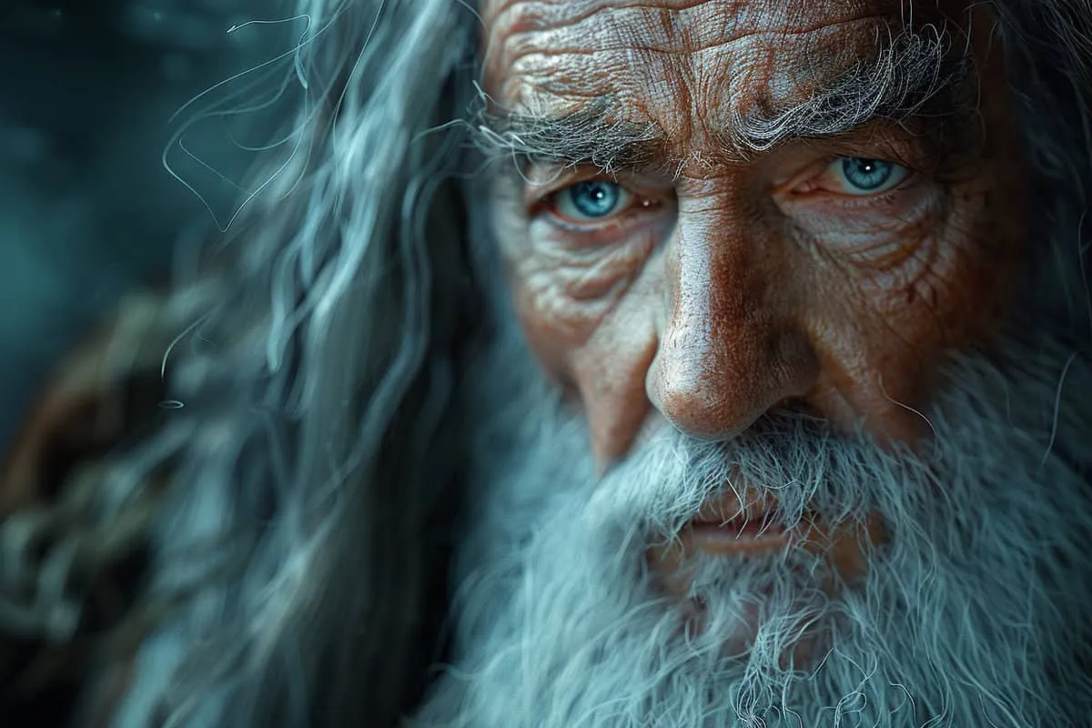 An old man with long hair and blue eyes.