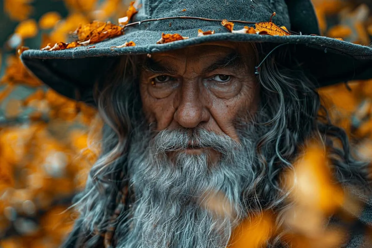 An old man wearing a hat with leaves on it.