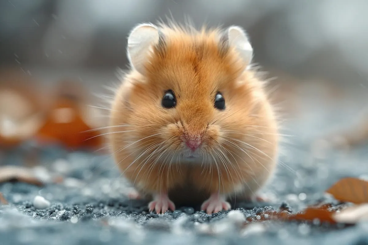 A hamster sitting on the ground in the rain.