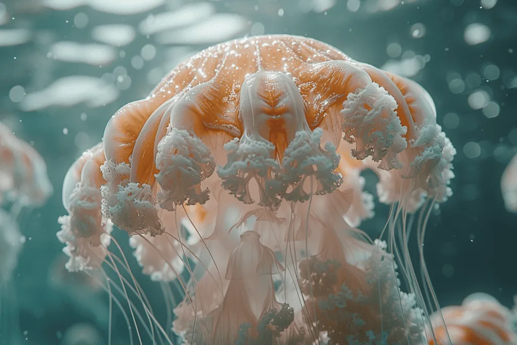 An image of a jellyfish swimming in the ocean.