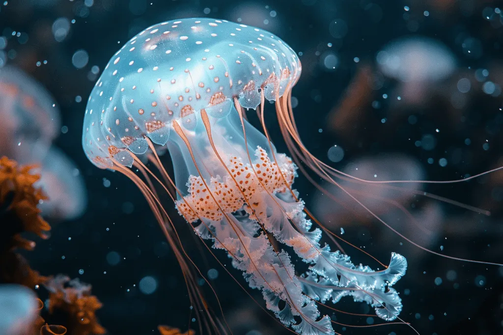 An image of a jellyfish swimming in the ocean.