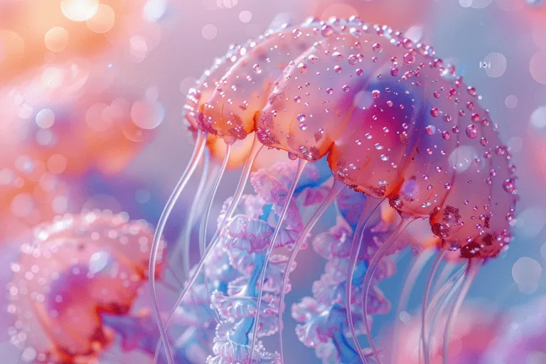 A jellyfish is floating in the water with water droplets.