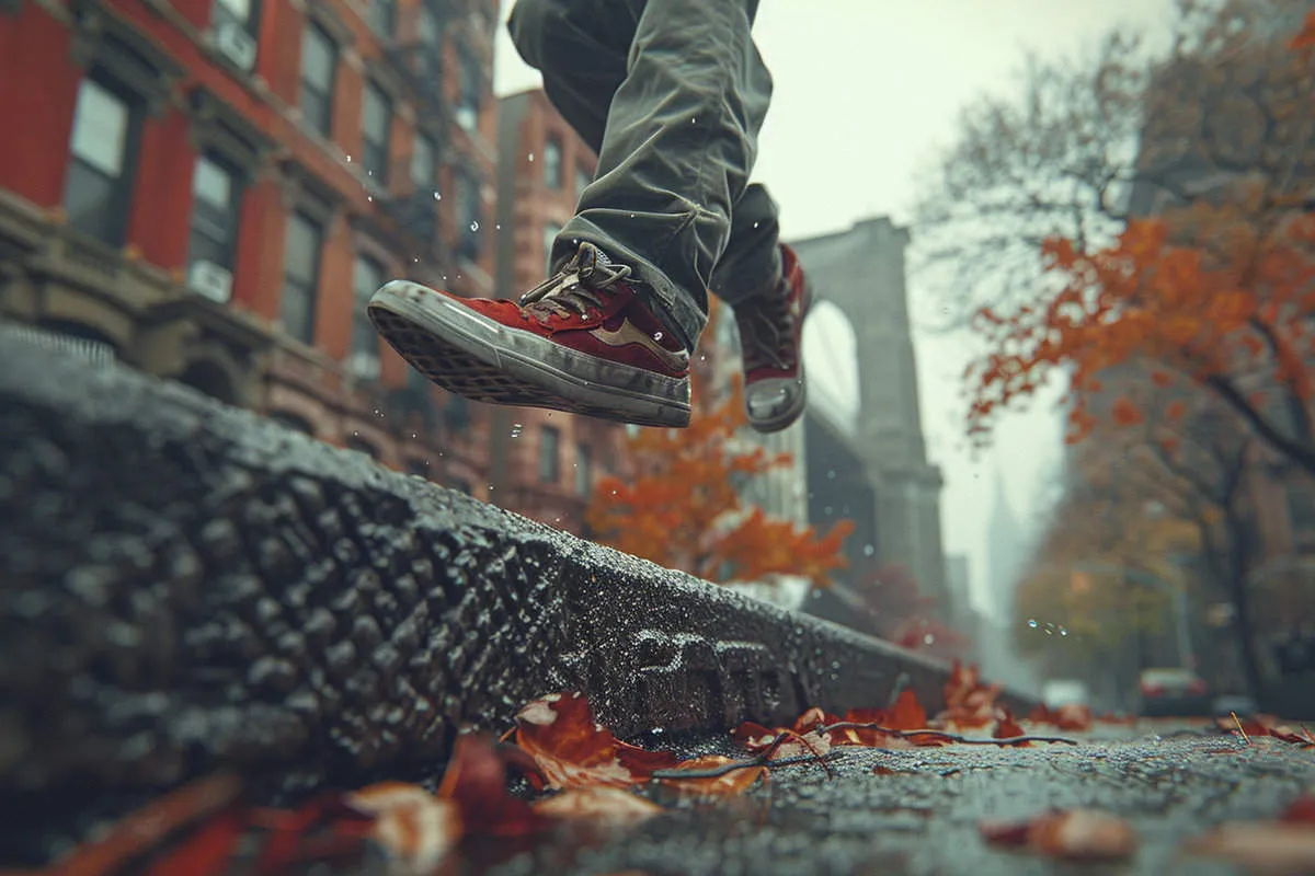 A person jumping over a ledge in a rainy city.