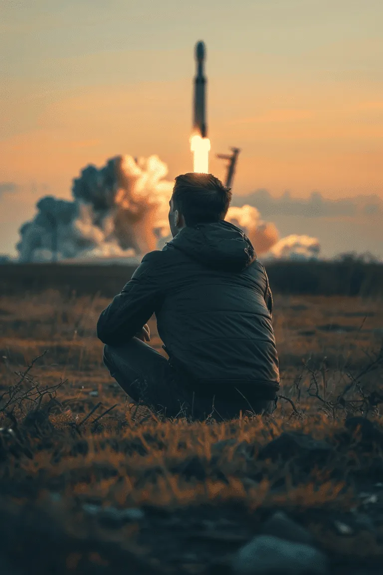 A man sitting on the ground watching a rocket launch, mesmerized by the grandeur of the event.