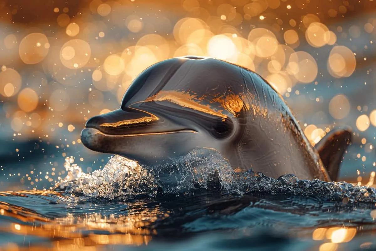A dolphin swimming in the ocean with a light shining on it.