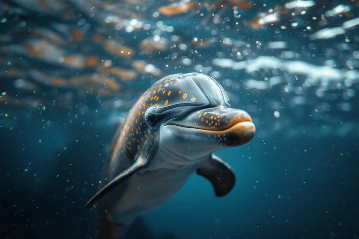 A dolphin swimming under the water.