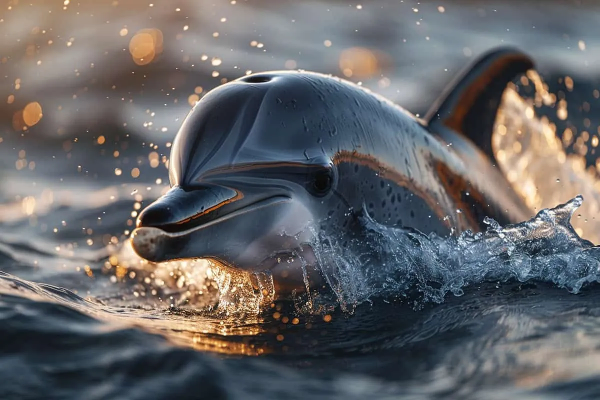 A dolphin swimming in the ocean at sunset.