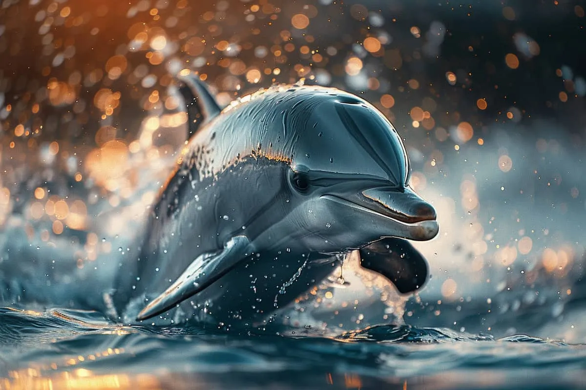 A dolphin swimming in the water with splashes of water.