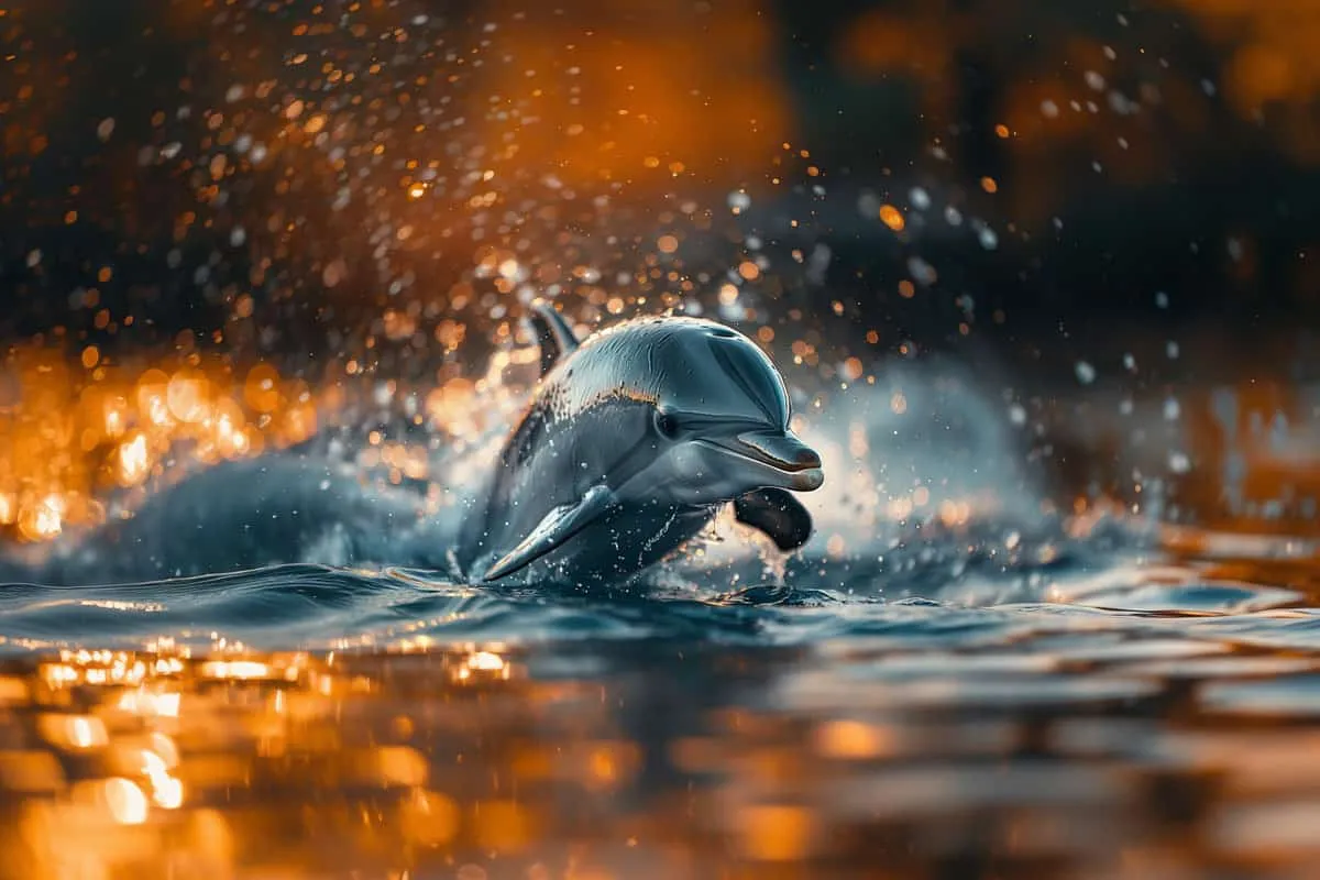 A dolphin jumping out of the water at sunset.