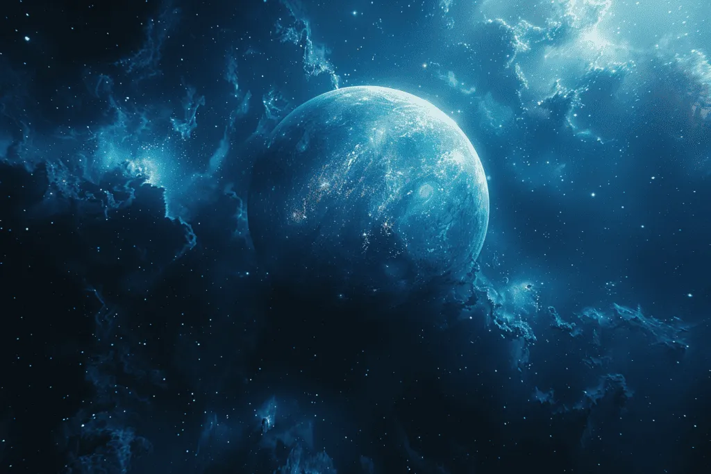 An image of a blue planet in space.