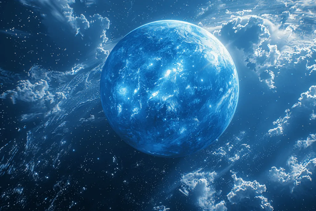 An image of a blue planet in space.