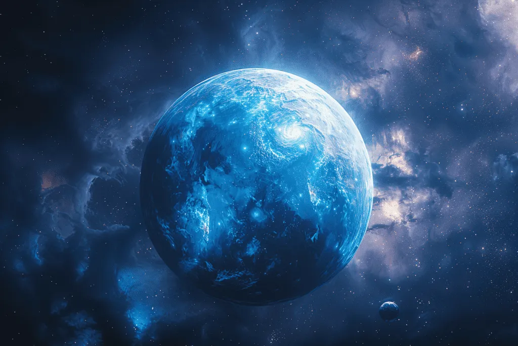 An image of a blue planet in space.