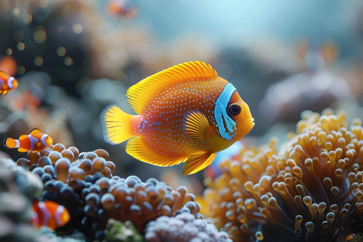 An orange clown fish swims among corals.