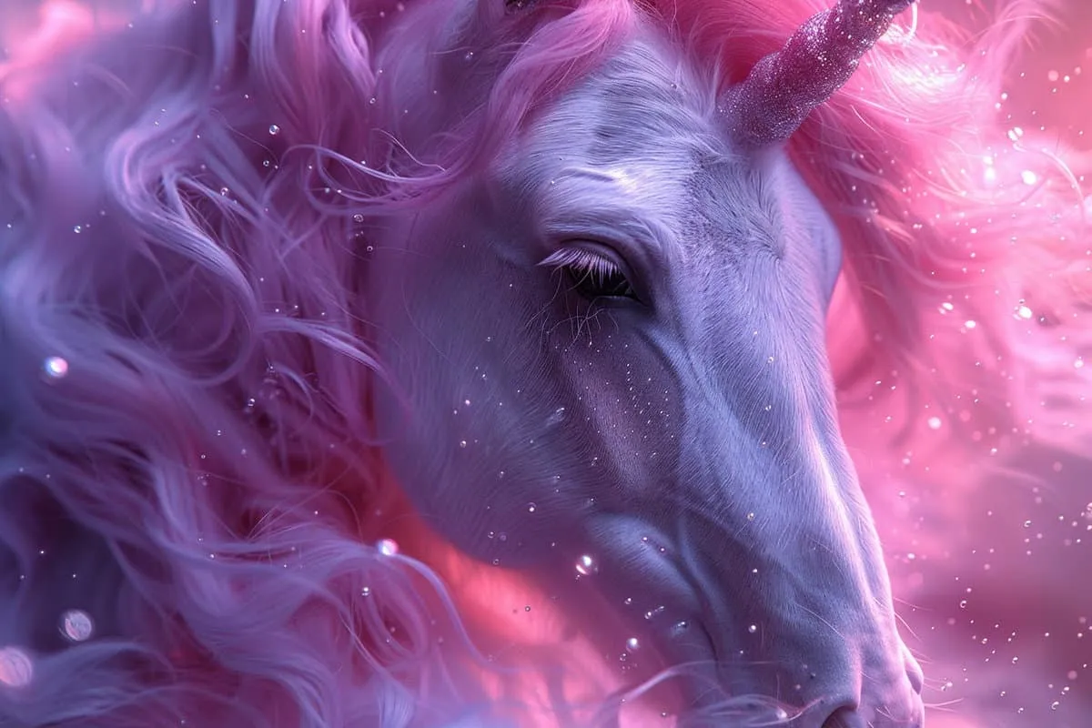 A close up image of a unicorn with pink hair.