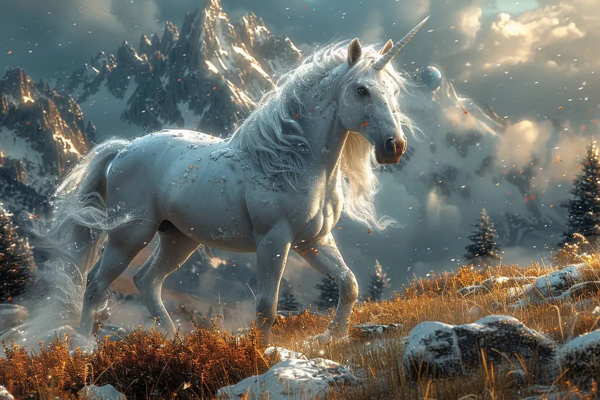 A white unicorn standing in a snowy field.