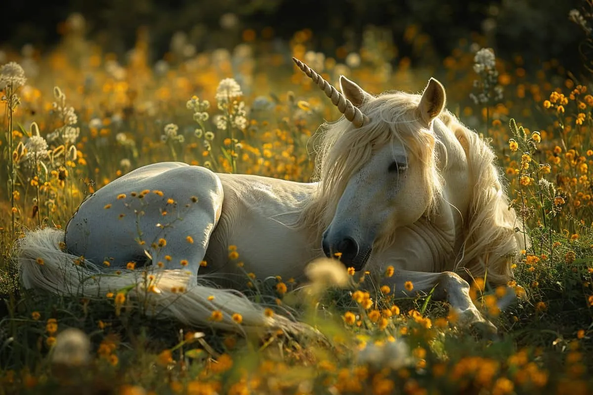 A white unicorn laying in a field of yellow flowers.